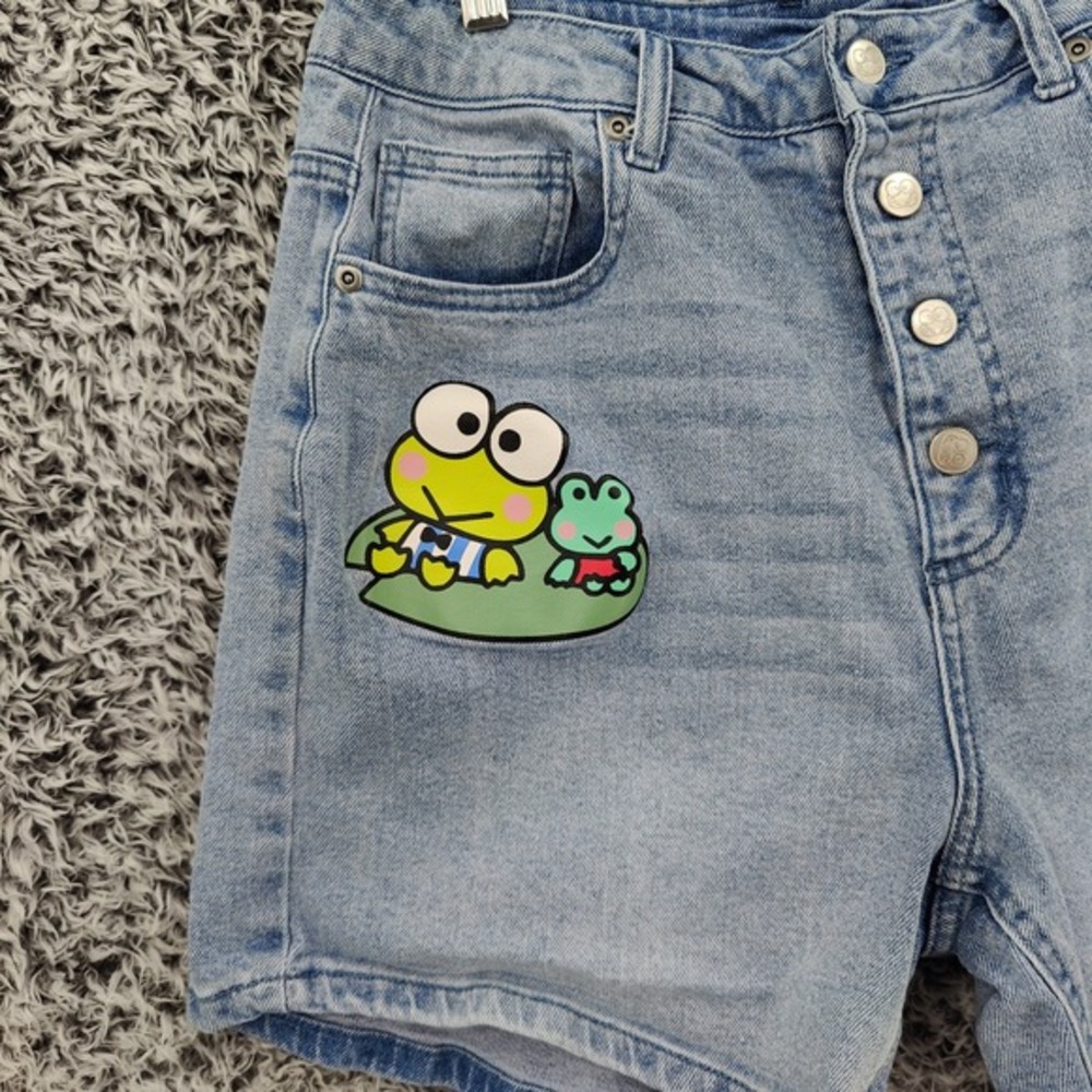 Sanrio Keroppi Women Kawaii Hello Kitty Cute Denim Shorts 9 Button Fly High Rise - Picture 11 of 15